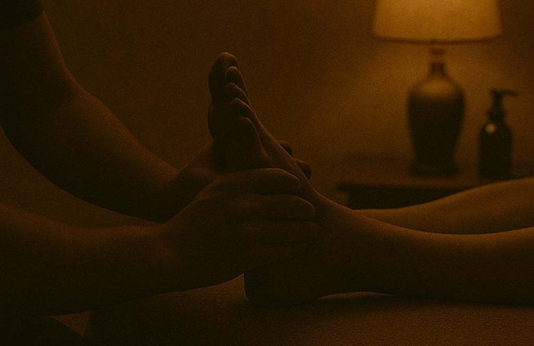 Füße werden massiert, sanfte Beleuchtung, entspannende Atmosphäre.