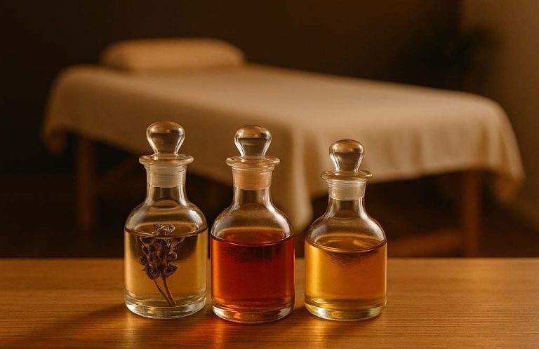 Drei Glasflaschen mit Ölen, im Hintergrund eine Massageliege.