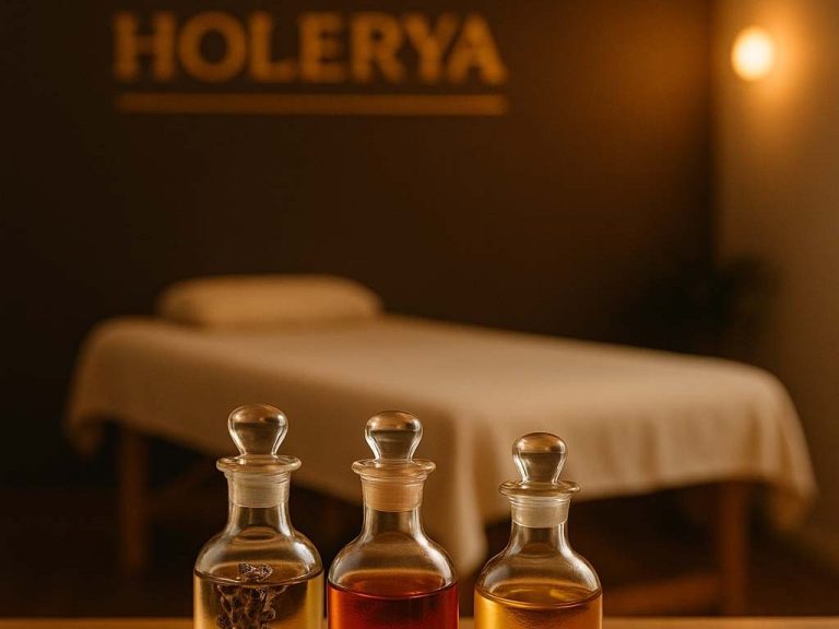 Eine Massageliege mit Flaschen mit Aromaölen im Vordergrund. Vorbereitung einer Aromaölmassage in der Praxis HOLERYA in Hofgeismar.