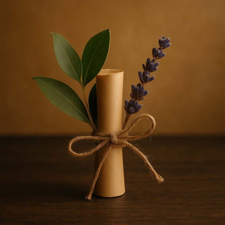 Ein gerolltes Papier mit Lavendel und Blättern, mit einer Schnur zusammengebunden.