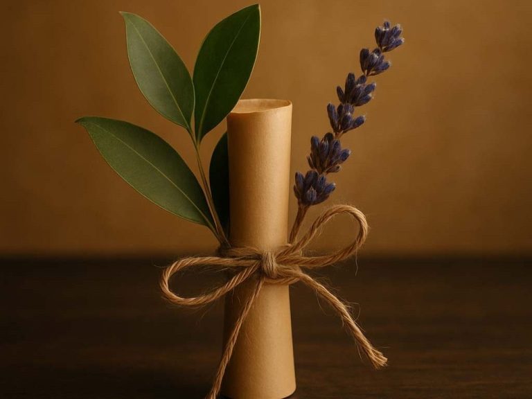 Rolle aus Papier mit Lavendel und grünen Blättern, dekoriert mit einem Bindfaden, stellen eine Kombination da.