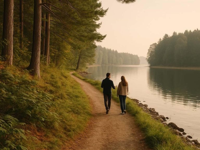 Mann und Frau gehen entlang eines Waldes am Ufer eines ruhigen Sees und unterhalten sich.