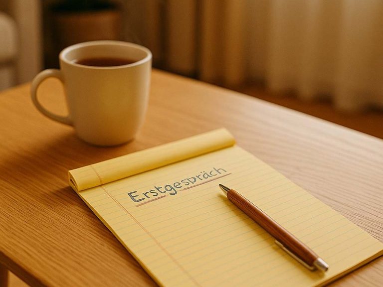 Ein Notizblock mit dem Wort Erstgespräch und einer Tasse Kaffee auf einem Tisch.