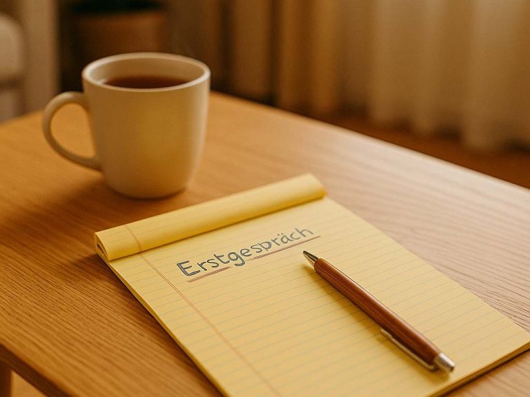 Gelber Notizblock mit dem Wort „Erstgespräch“ und einem Stift neben einer Tasse Kaffee.
